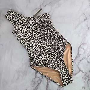 J Crew One Piece One Shoulder Ruched Bikini Leopard Swim Suit BF245 NEW